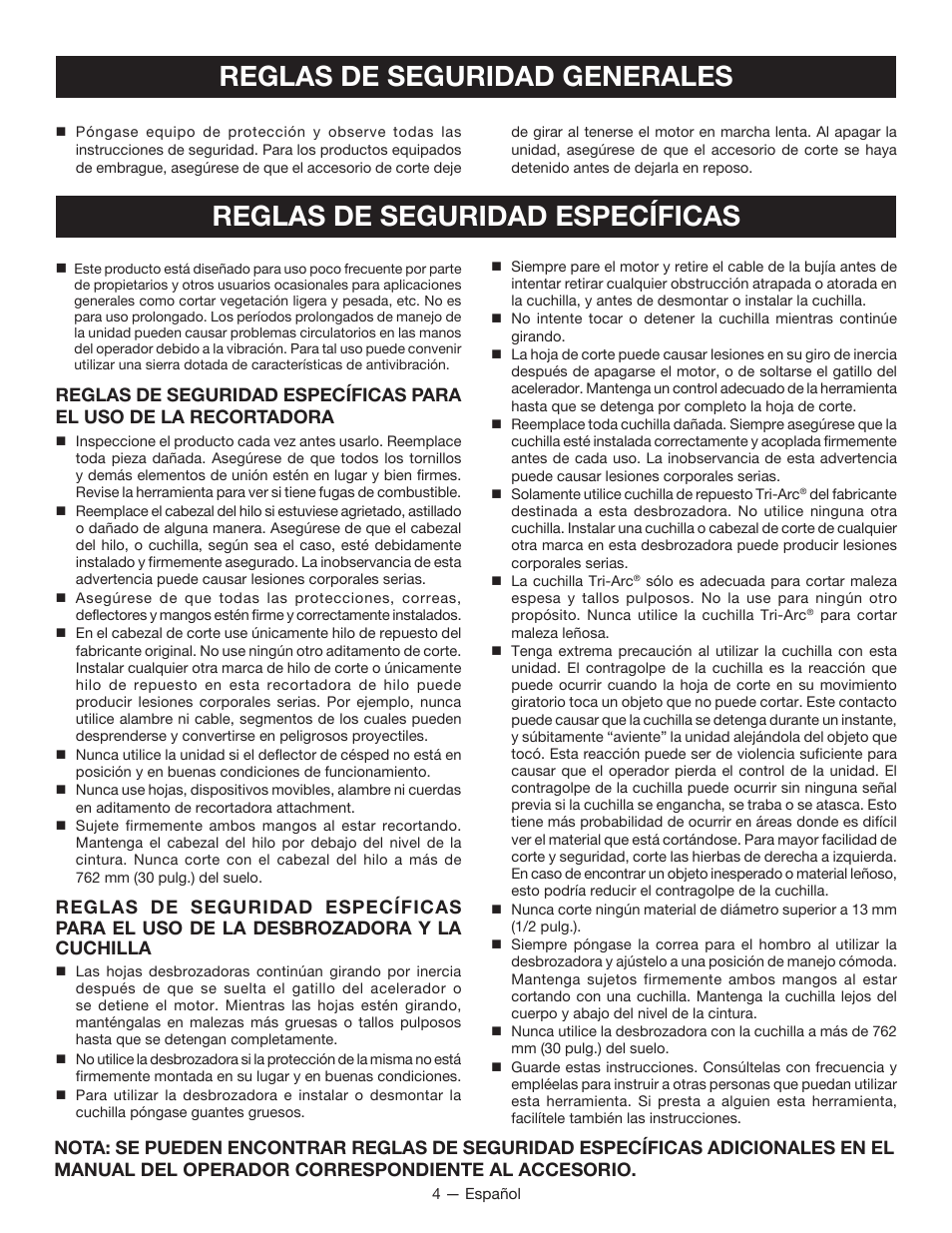 Reglas de seguridad específicas, Reglas de seguridad generales | Ryobi RY34005 User Manual | Page 34 / 50