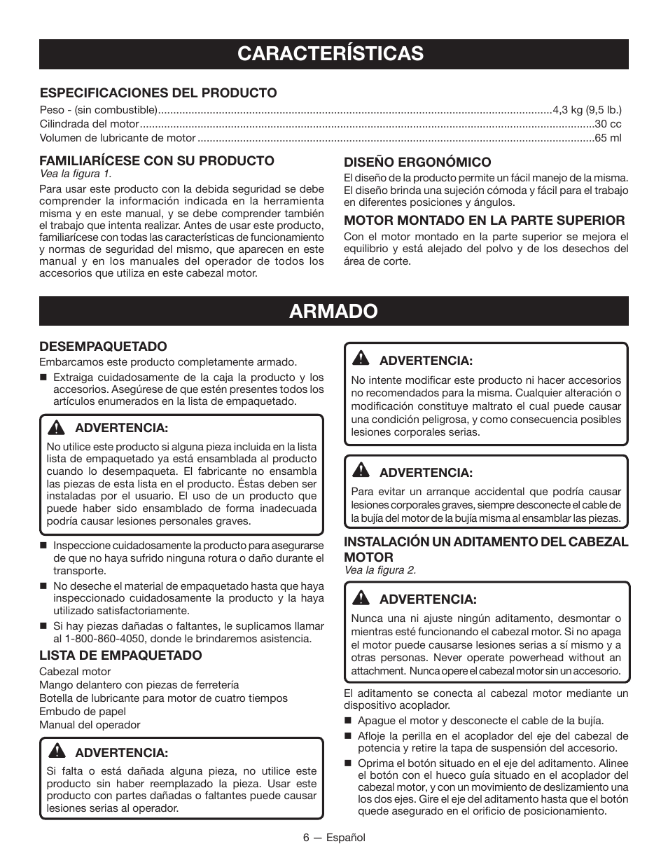 Características, Armado | Ryobi RY34005 User Manual | Page 36 / 50