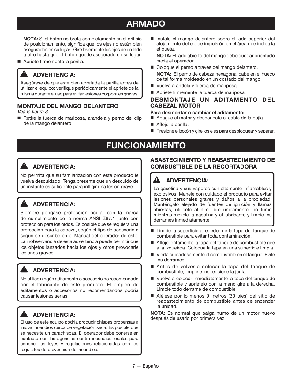 Armado, Funcionamiento | Ryobi RY34005 User Manual | Page 37 / 50
