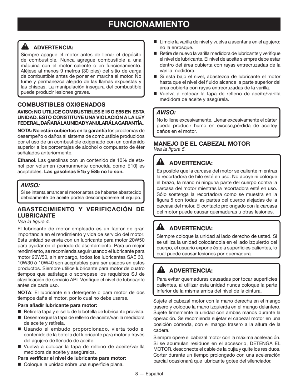 Funcionamiento | Ryobi RY34005 User Manual | Page 38 / 50
