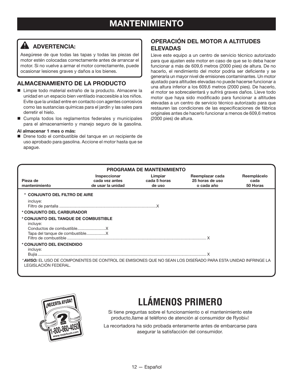 Llámenos primero, Mantenimiento | Ryobi RY34005 User Manual | Page 42 / 50