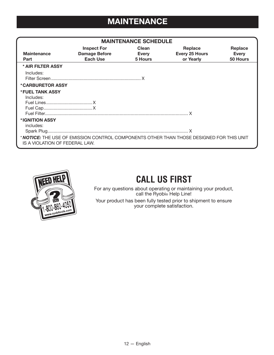 Call us first, Maintenance | Ryobi RY34005 User Manual | Page 14 / 50