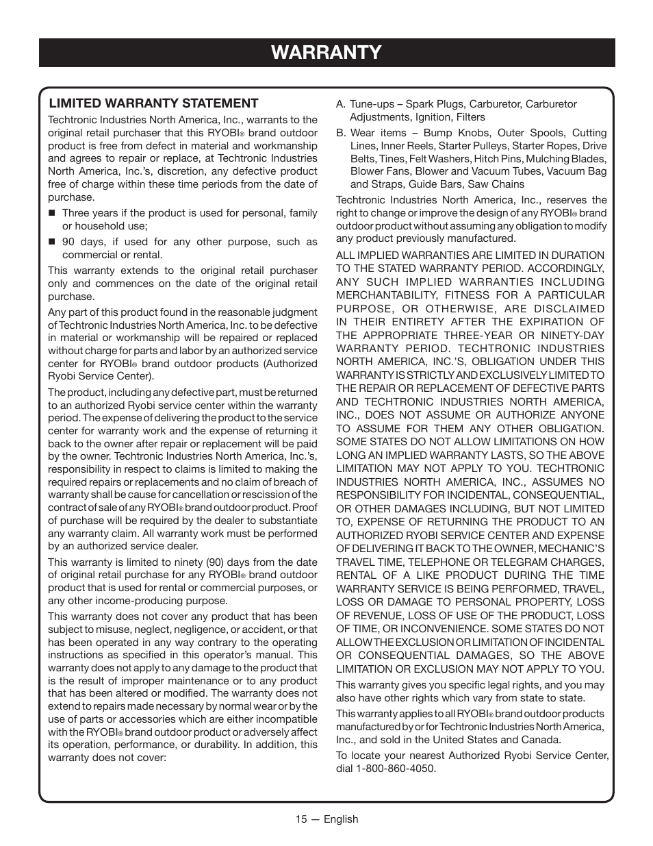 Warranty, Limited warranty statement | Ryobi RY34005 User Manual | Page 17 / 50