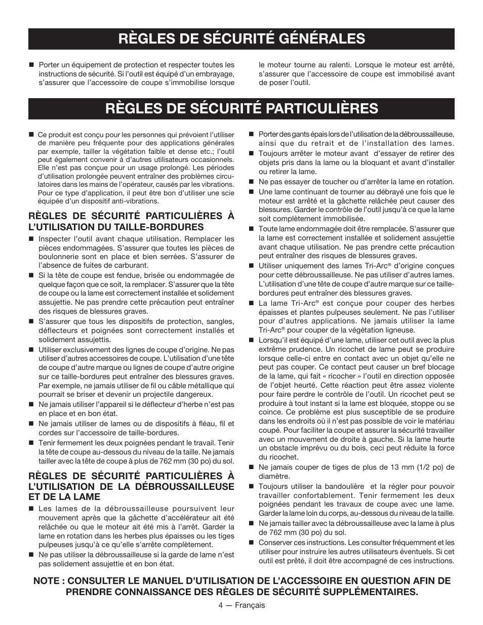 Règles de sécurité particulières, Règles de sécurité générales | Ryobi RY34005 User Manual | Page 20 / 50