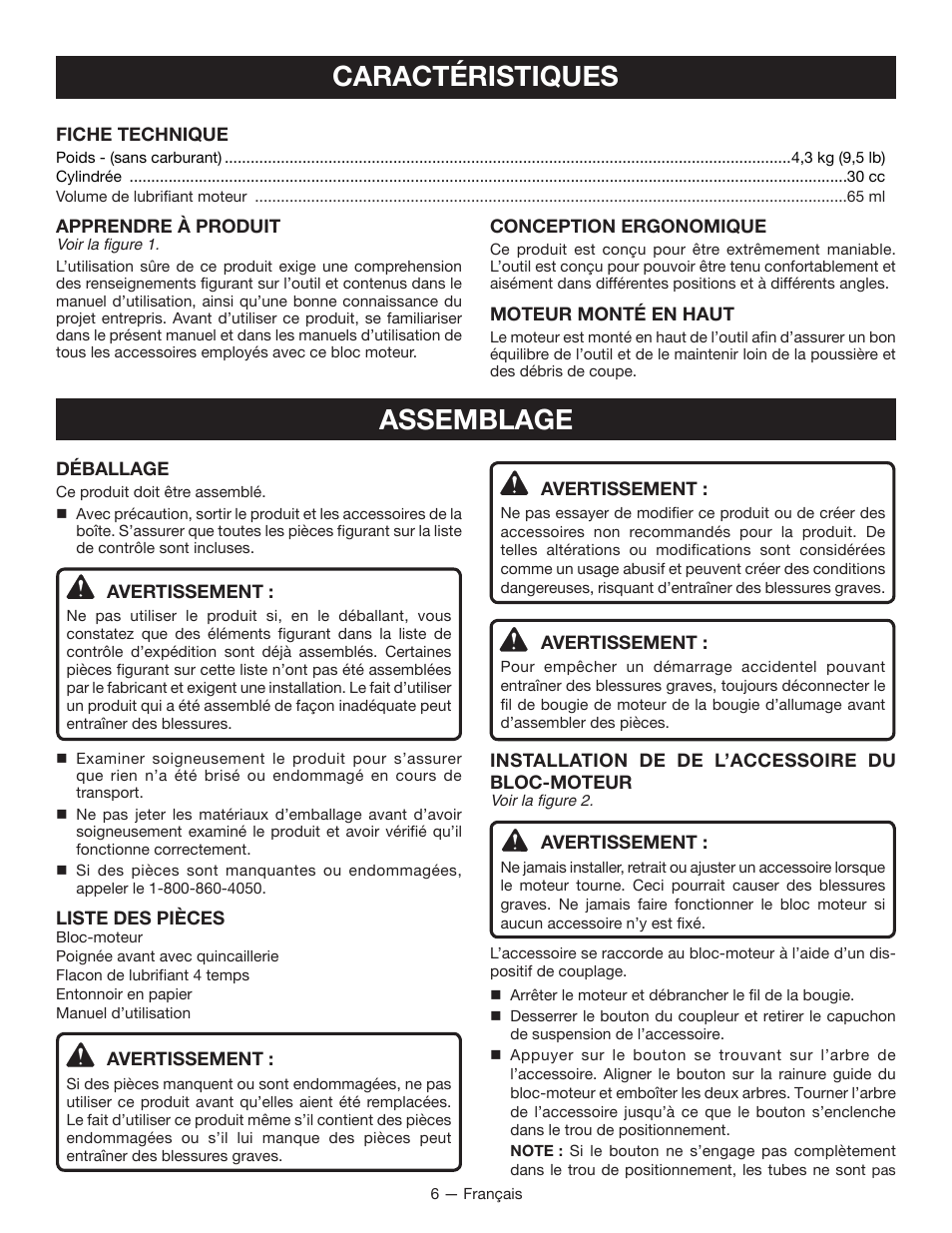 Caractéristiques, Assemblage | Ryobi RY34005 User Manual | Page 22 / 50