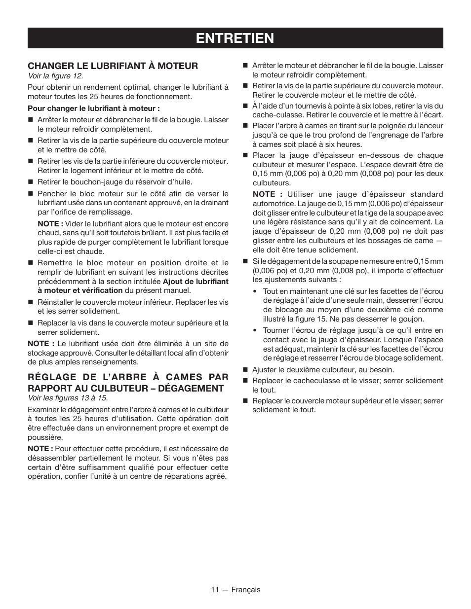 Entretien | Ryobi RY34005 User Manual | Page 27 / 50