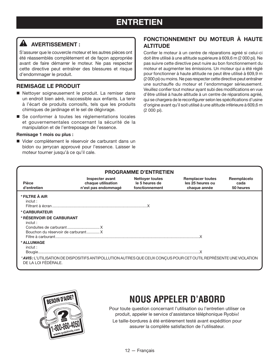 Nous appeler d’abord, Entretien, Besoin d’aid e | Ryobi RY34005 User Manual | Page 28 / 50