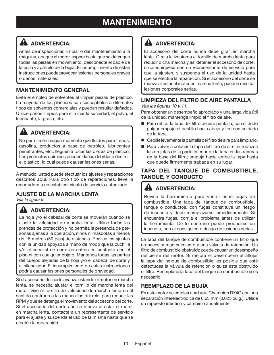 Mantenimiento | Ryobi RY34005 User Manual | Page 40 / 50