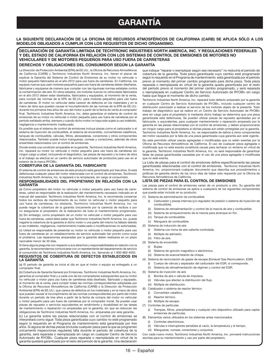 Garantía, 16 — español | Ryobi RY34005 User Manual | Page 46 / 50