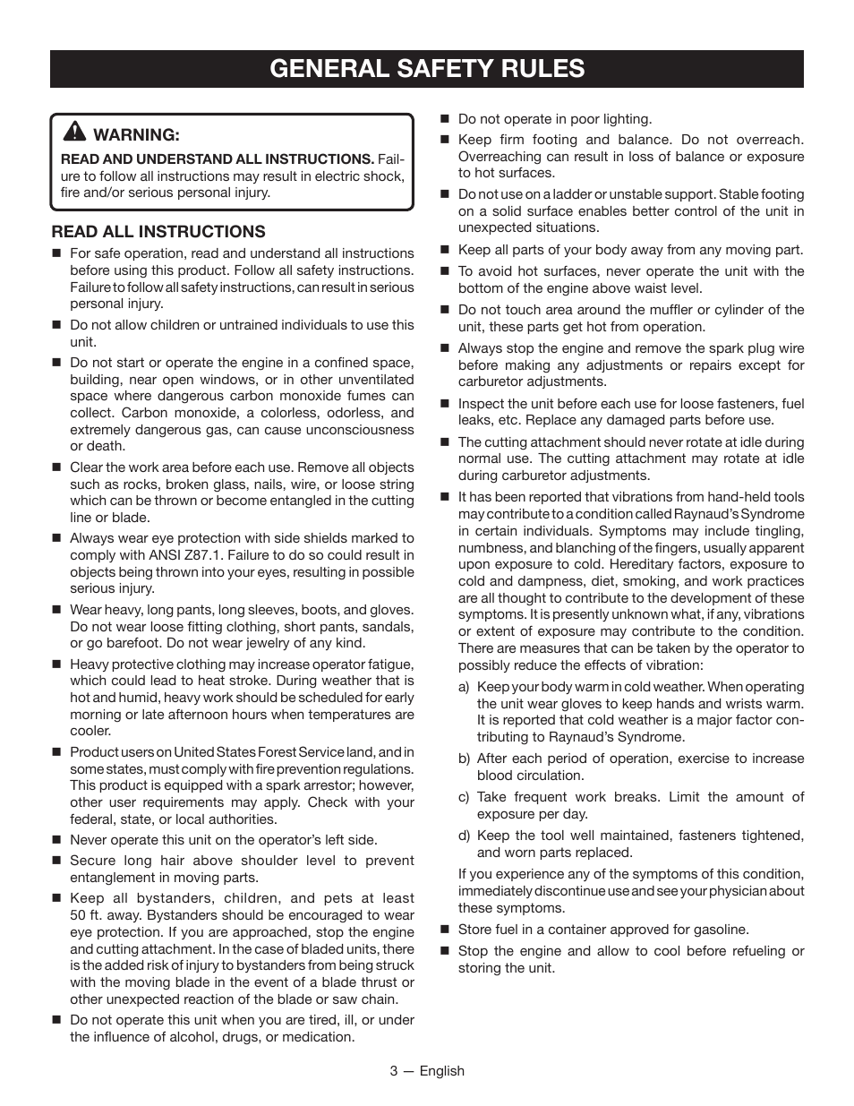 General safety rules | Ryobi RY34005 User Manual | Page 5 / 50