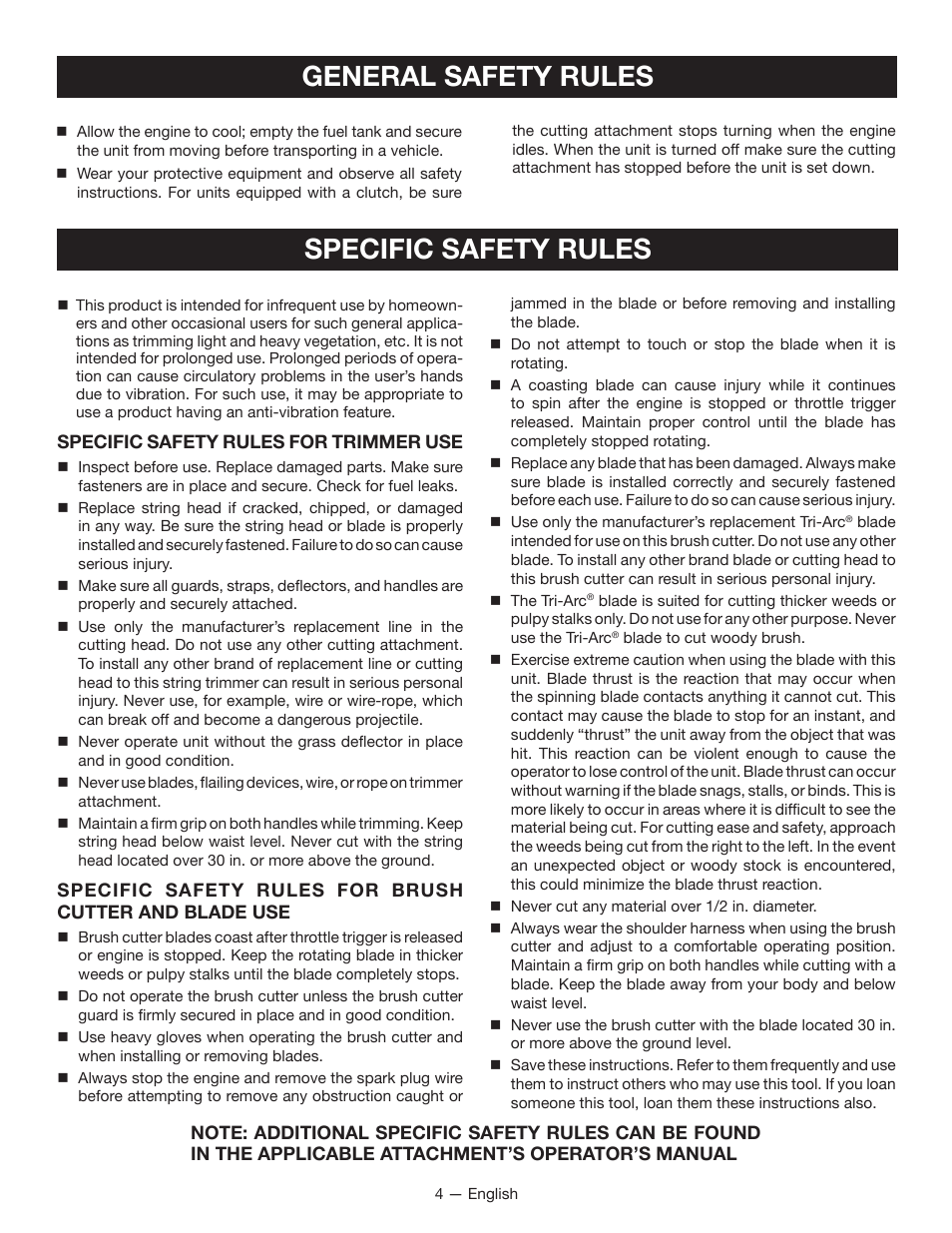 Specific safety rules, General safety rules | Ryobi RY34005 User Manual | Page 6 / 50