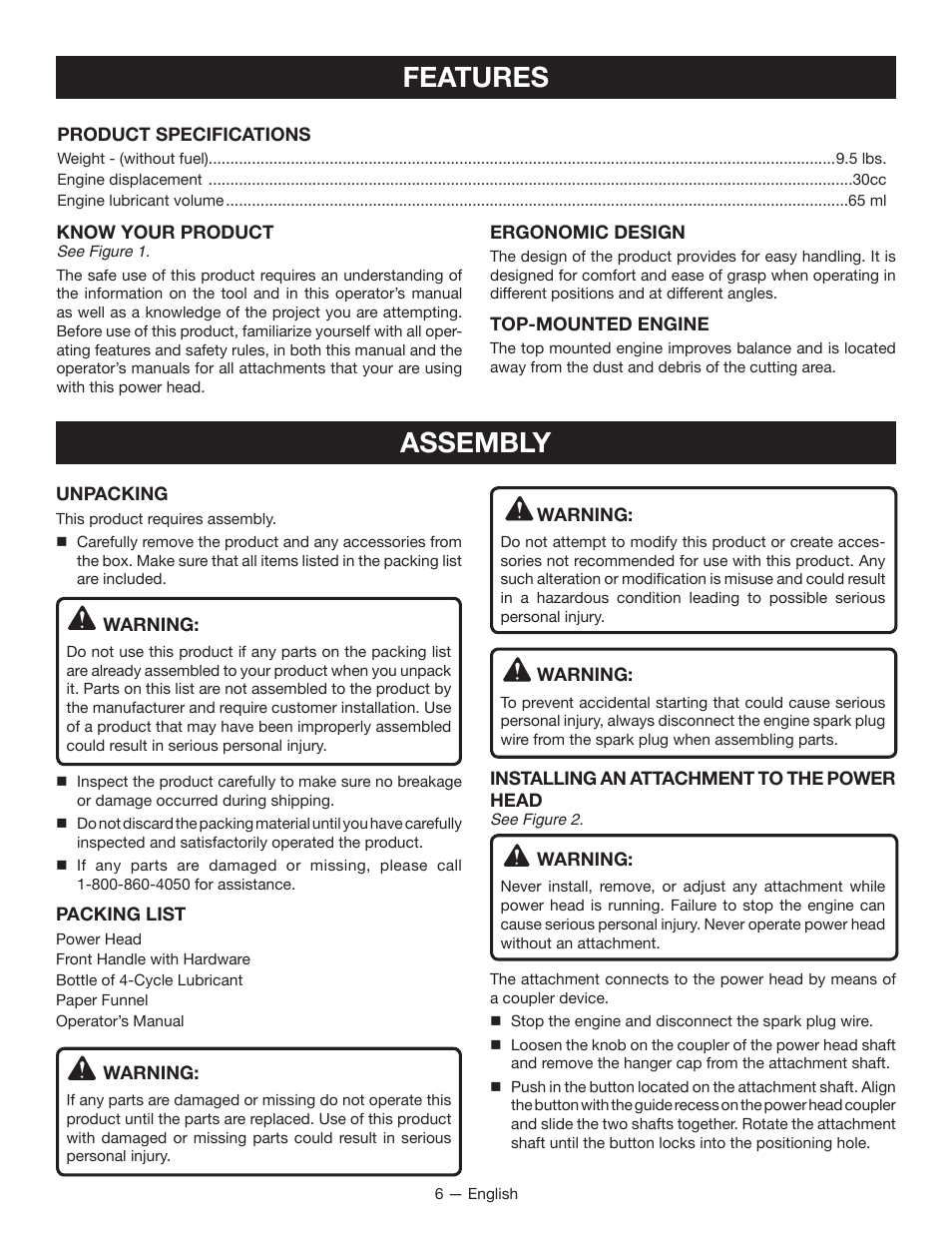 Features, Assembly | Ryobi RY34005 User Manual | Page 8 / 50