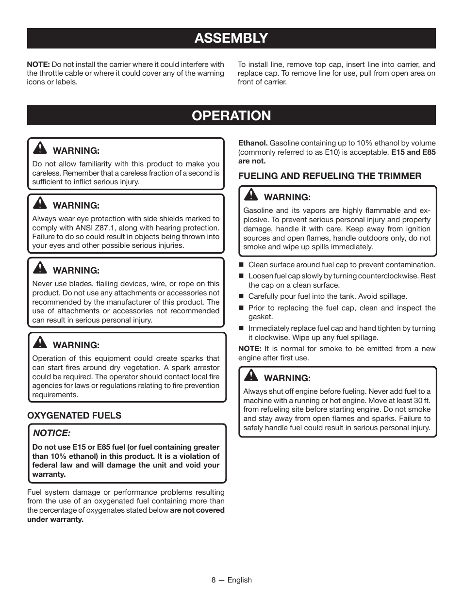 Operation, Assembly | Ryobi RY13016 User Manual | Page 12 / 44