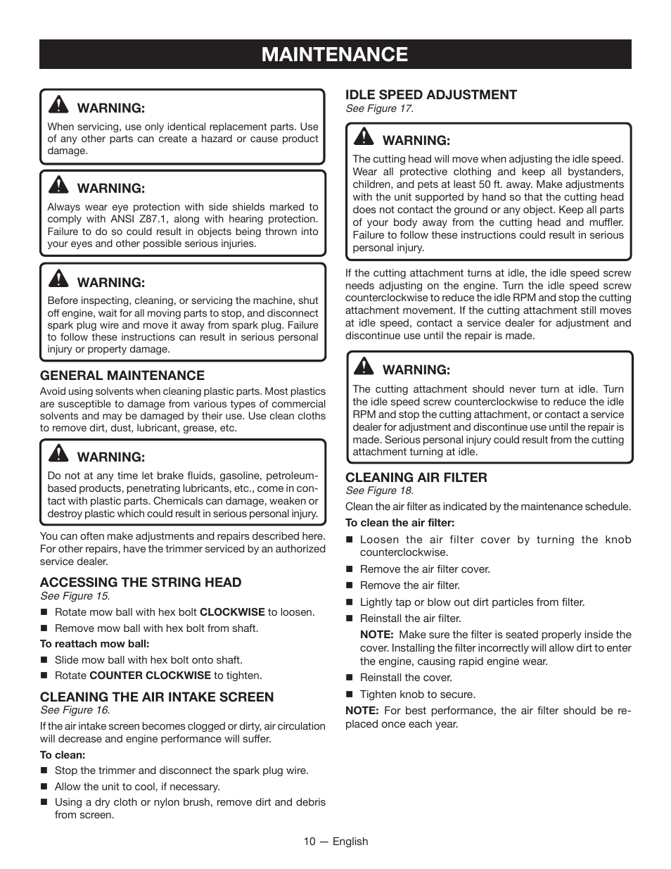 Maintenance | Ryobi RY13016 User Manual | Page 14 / 44