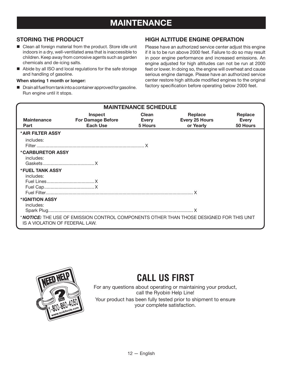 Call us first, Maintenance | Ryobi RY13016 User Manual | Page 16 / 44