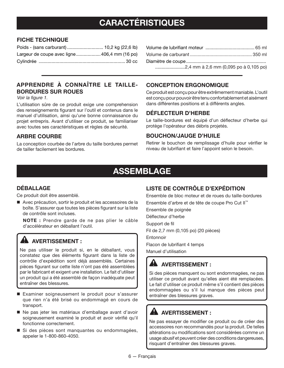 Caractéristiques, Assemblage | Ryobi RY13016 User Manual | Page 22 / 44