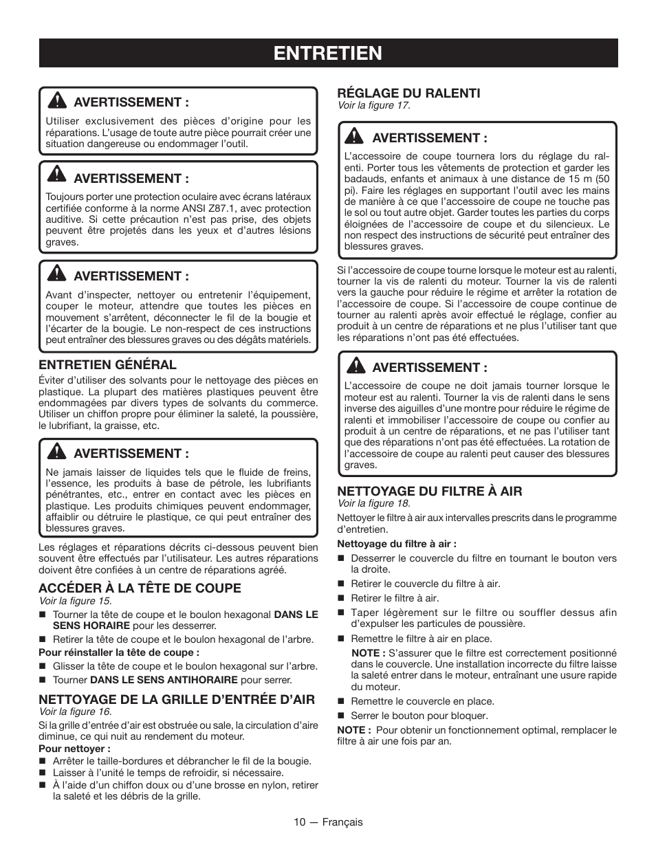 Entretien, Réglage du ralenti, Avertissement | Nettoyage du filtre à air, Entretien général, Accéder à la tête de coupe, Nettoyage de la grille d’entrée d’air | Ryobi RY13016 User Manual | Page 26 / 44