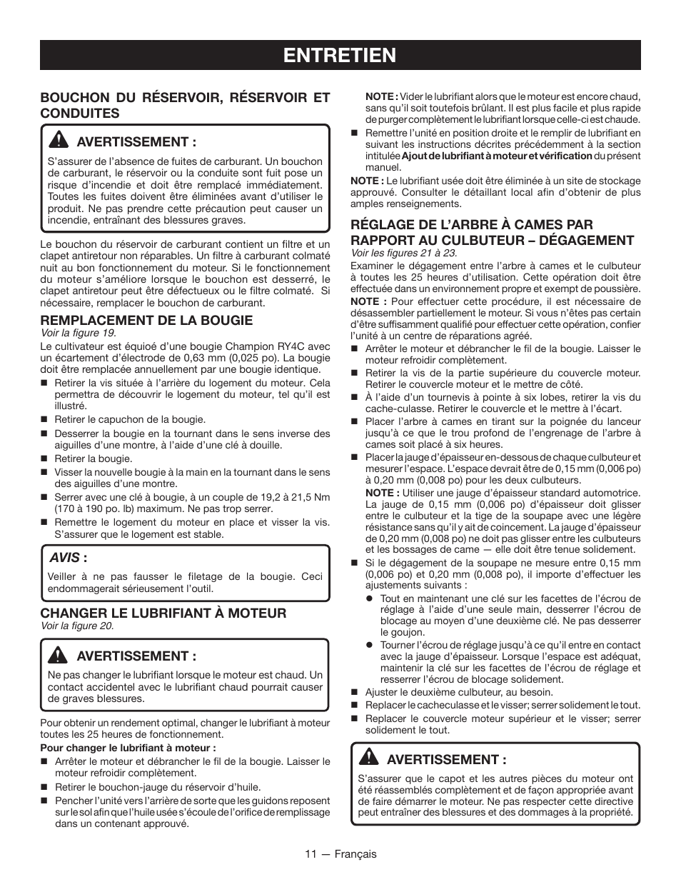 Entretien, Remplacement de la bougie, Avis | Changer le lubrifiant à moteur, Avertissement | Ryobi RY13016 User Manual | Page 27 / 44