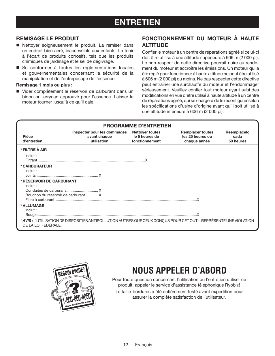 Nous appeler d’abord, Entretien, Besoin d’aid e | Ryobi RY13016 User Manual | Page 28 / 44