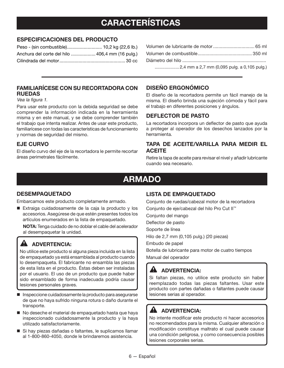 Características, Armado | Ryobi RY13016 User Manual | Page 34 / 44