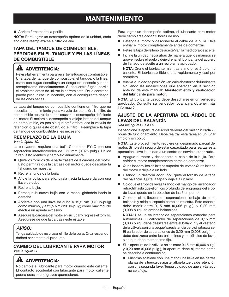 Mantenimiento, Reemplazo de la bujía, Aviso | Cambio del lubricante para motor, Advertencia | Ryobi RY13016 User Manual | Page 39 / 44