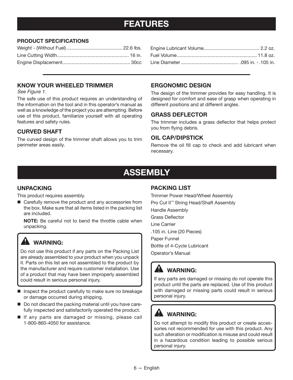 Features, Assembly | Ryobi RY13016 User Manual | Page 10 / 44