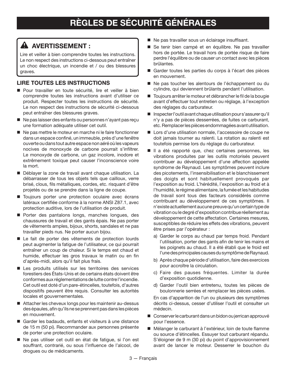 Règles de sécurité générales, Avertissement | Ryobi RY13016 User Manual | Page 19 / 44