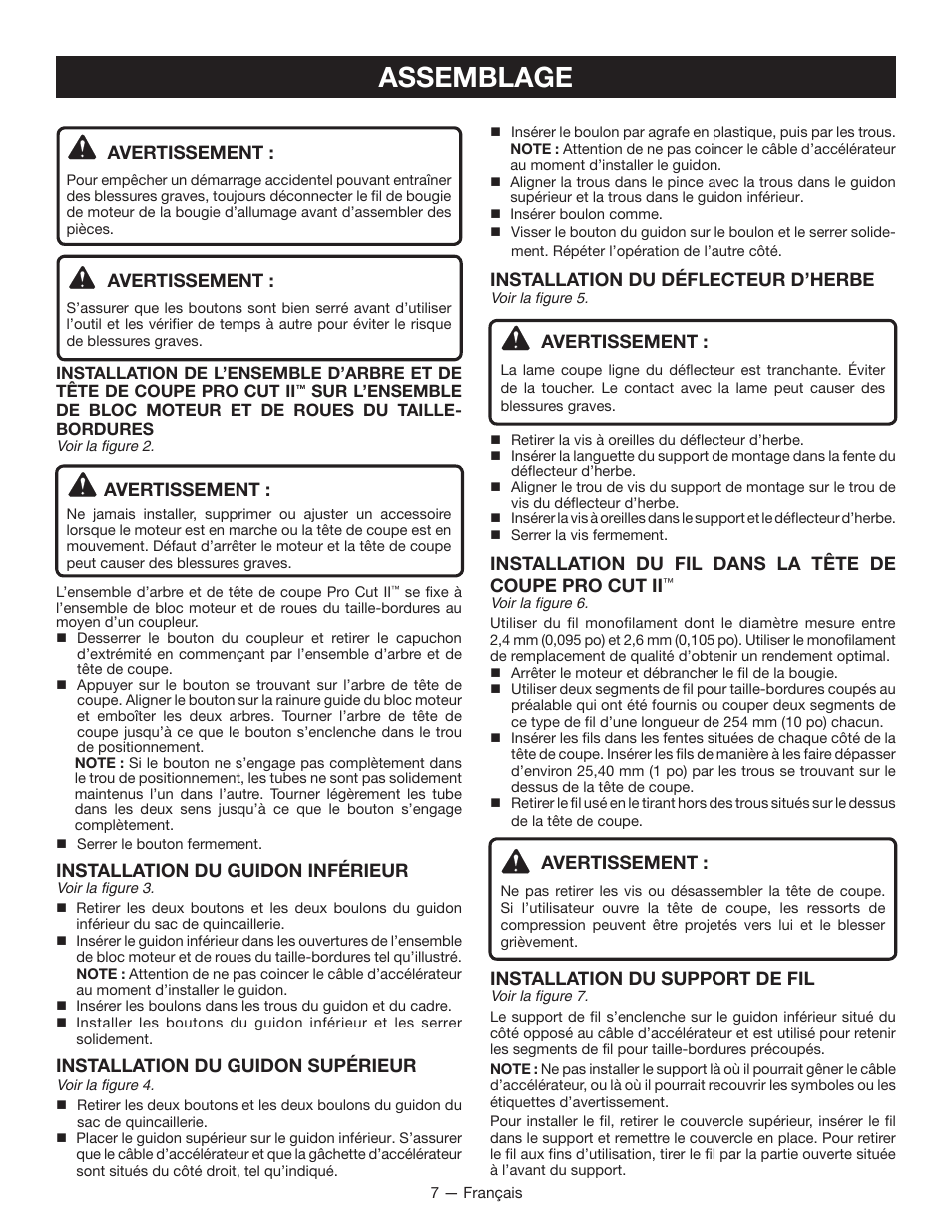 Assemblage, Installation du déflecteur d’herbe, Avertissement | Installation du support de fil, Installation du guidon inférieur, Installation du guidon supérieur | Ryobi RY13016 User Manual | Page 23 / 44