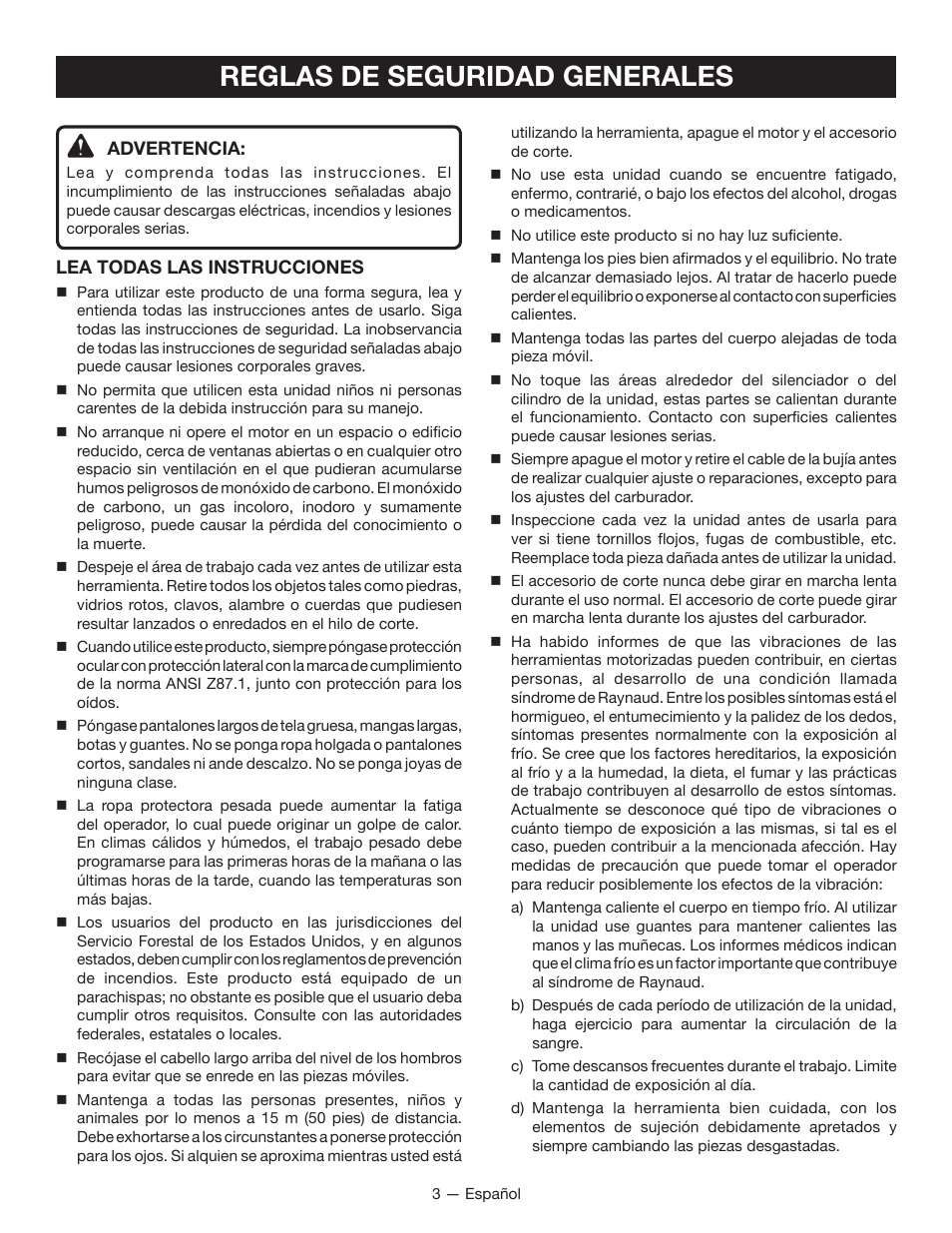 Reglas de seguridad generales | Ryobi RY13016 User Manual | Page 31 / 44