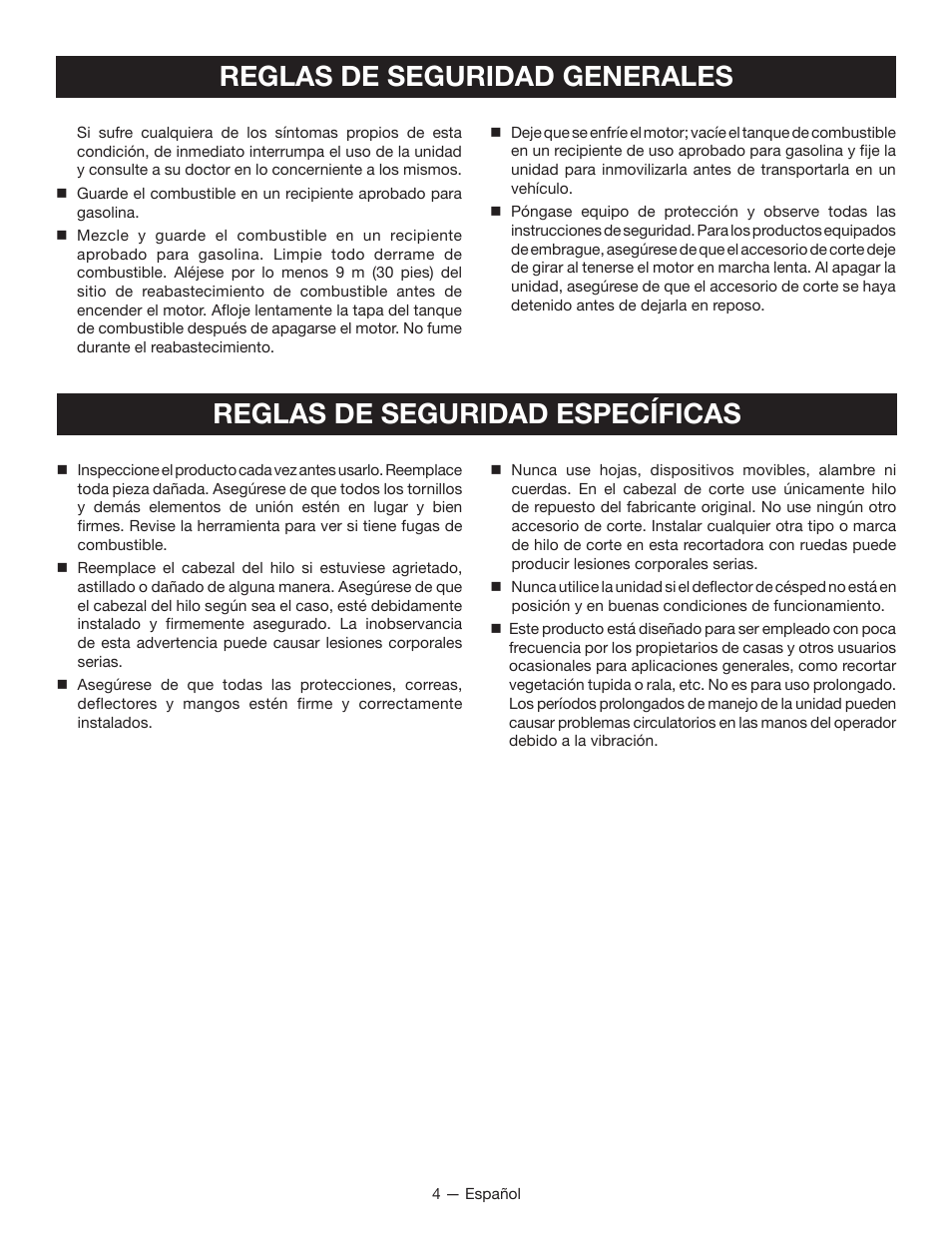 Reglas de seguridad específicas, Reglas de seguridad generales | Ryobi RY13016 User Manual | Page 32 / 44