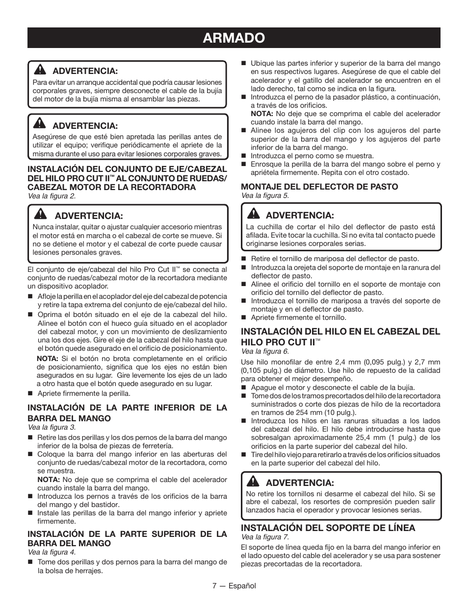 Armado, Advertencia, Instalación del soporte de línea | Ryobi RY13016 User Manual | Page 35 / 44