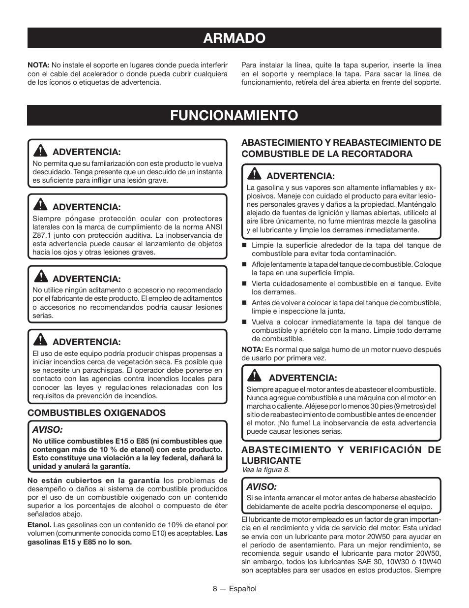 Armado funcionamiento | Ryobi RY13016 User Manual | Page 36 / 44