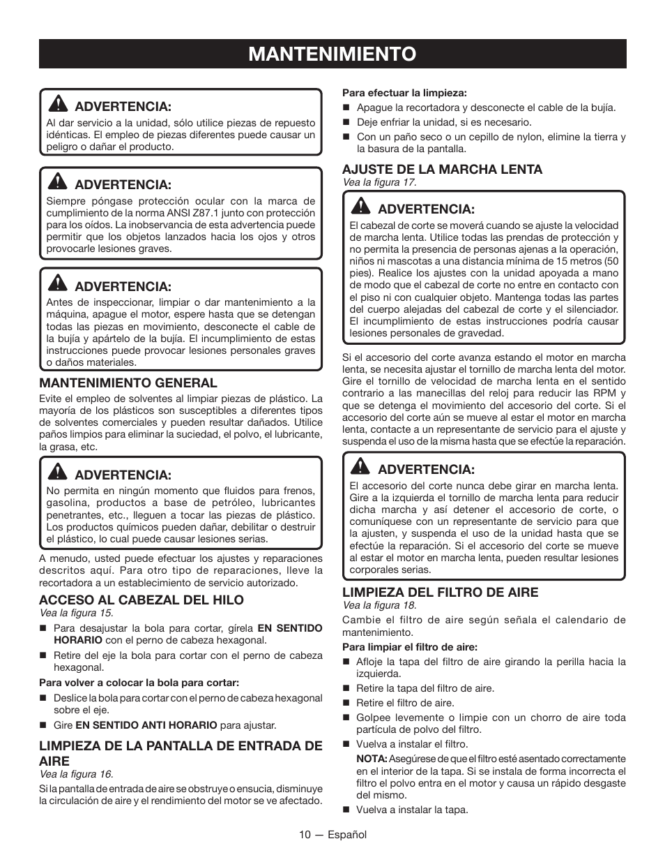 Mantenimiento | Ryobi RY13016 User Manual | Page 38 / 44