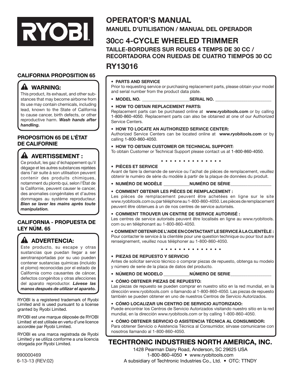 Operator’s manual, Cycle wheeled trimmer, Techtronic industries north america, inc | Ryobi RY13016 User Manual | Page 44 / 44