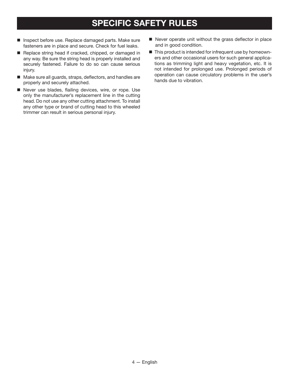 Specific safety rules | Ryobi RY13016 User Manual | Page 8 / 44