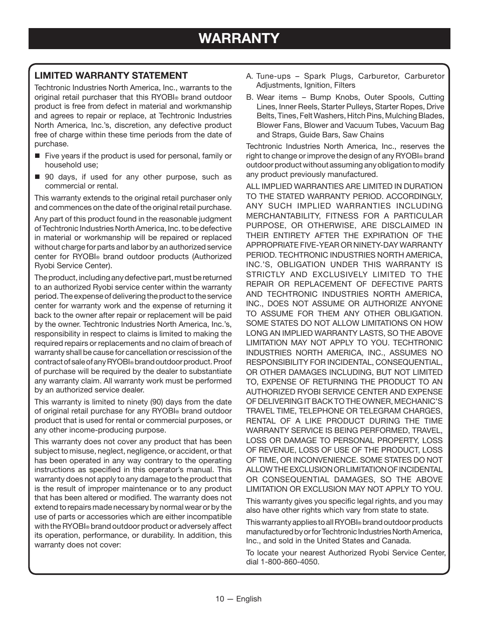 Warranty, Limited warranty statement | Ryobi RY40002 User Manual | Page 12 / 30