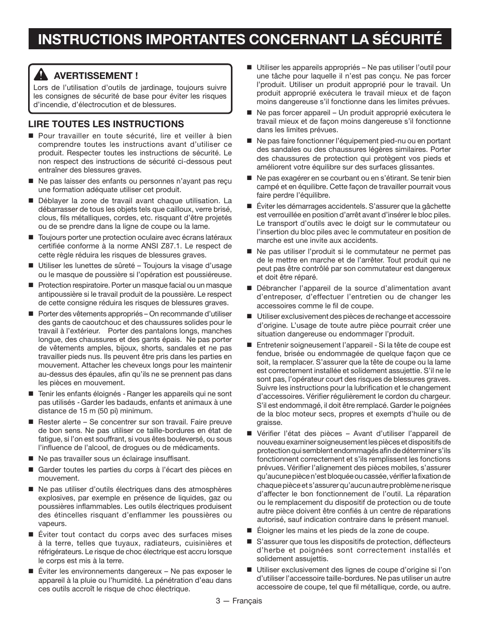 Instructions importantes concernant la sécurité, Avertissement, Lire toutes les instructions | Ryobi RY40002 User Manual | Page 13 / 30