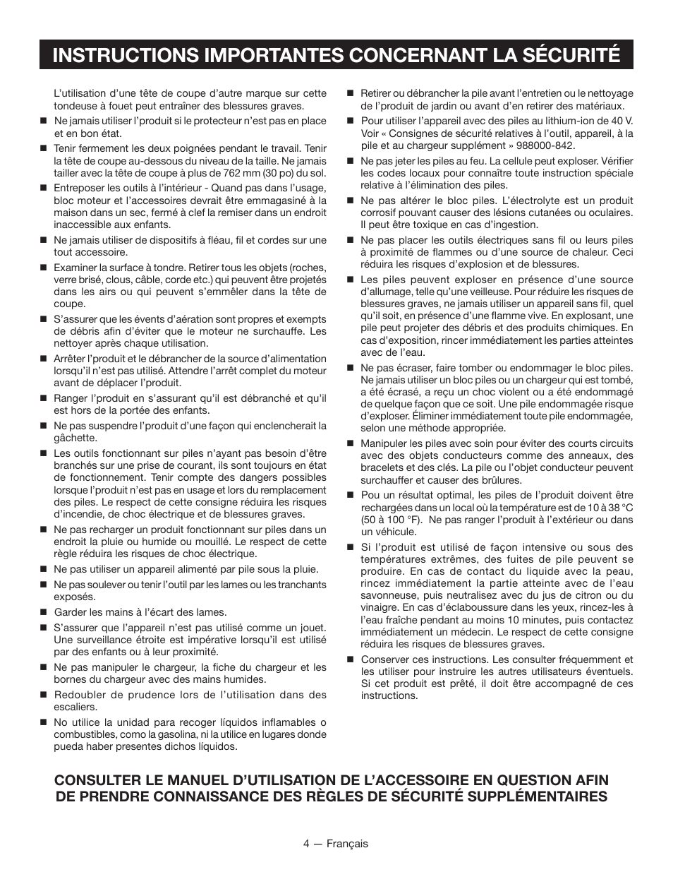 Instructions importantes concernant la sécurité | Ryobi RY40002 User Manual | Page 14 / 30