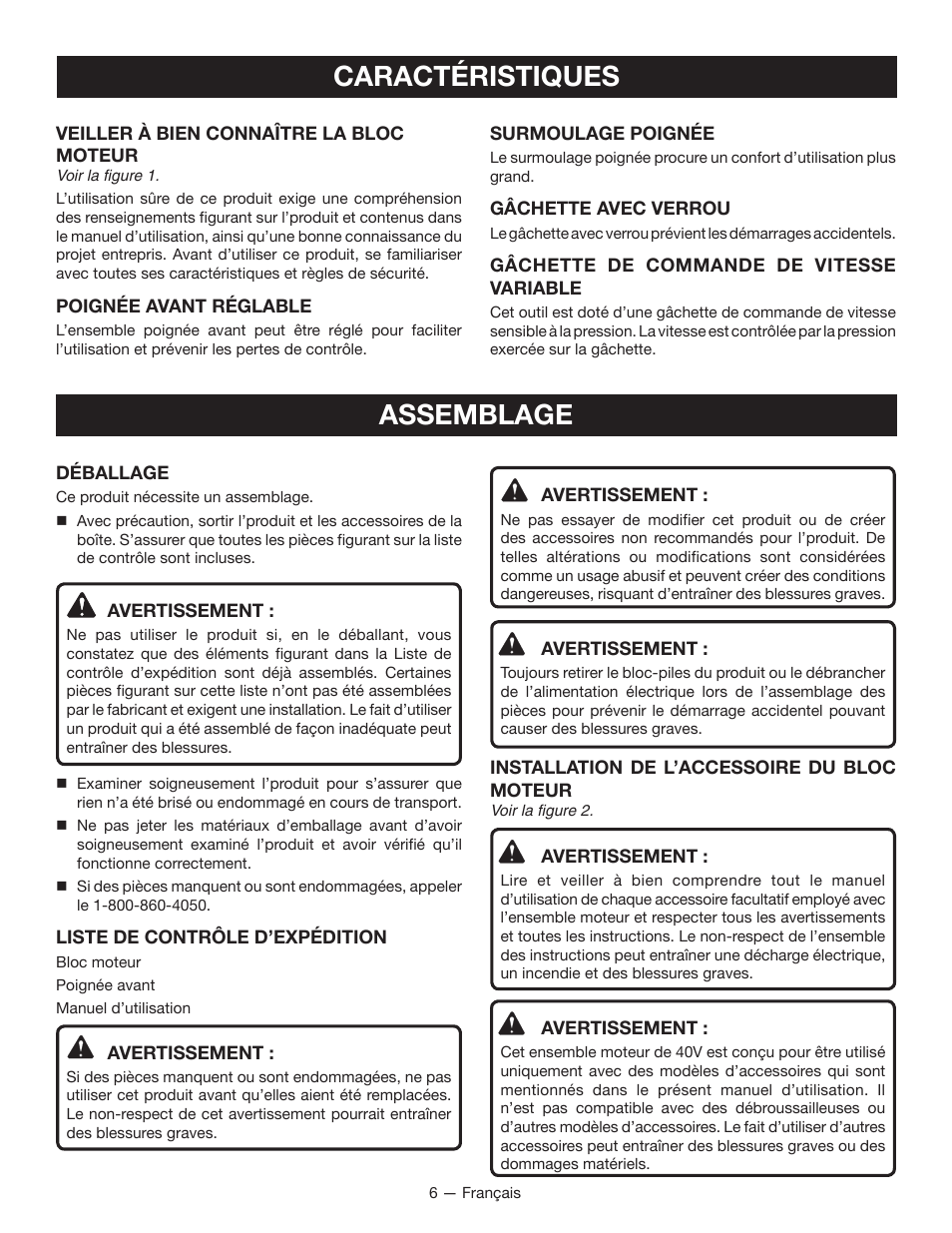 Assemblage, Caractéristiques | Ryobi RY40002 User Manual | Page 16 / 30