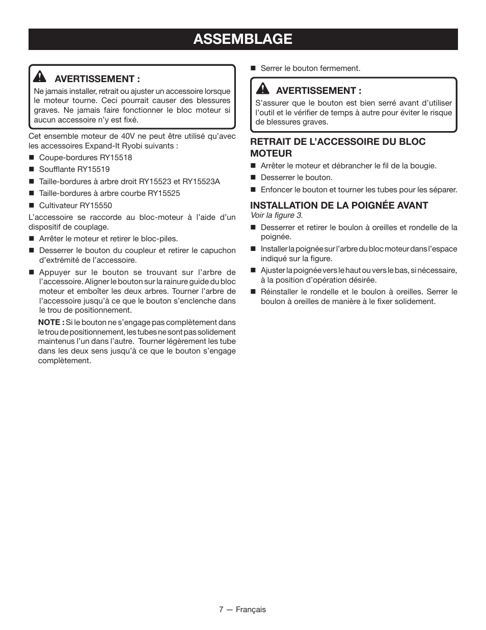Assemblage | Ryobi RY40002 User Manual | Page 17 / 30