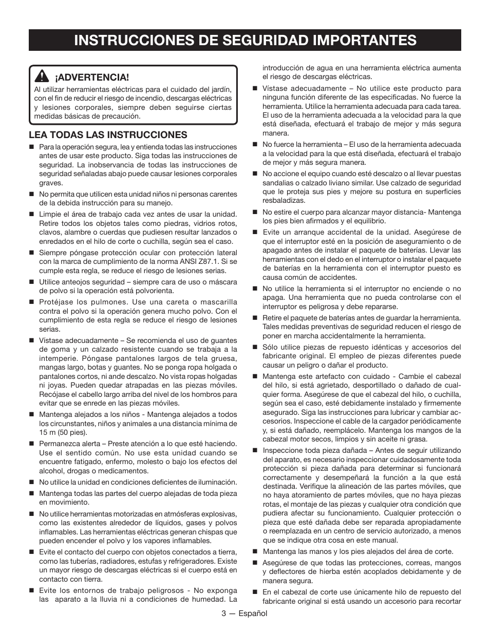 Instrucciones de seguridad importantes, Advertencia, Lea todas las instrucciones | Ryobi RY40002 User Manual | Page 21 / 30