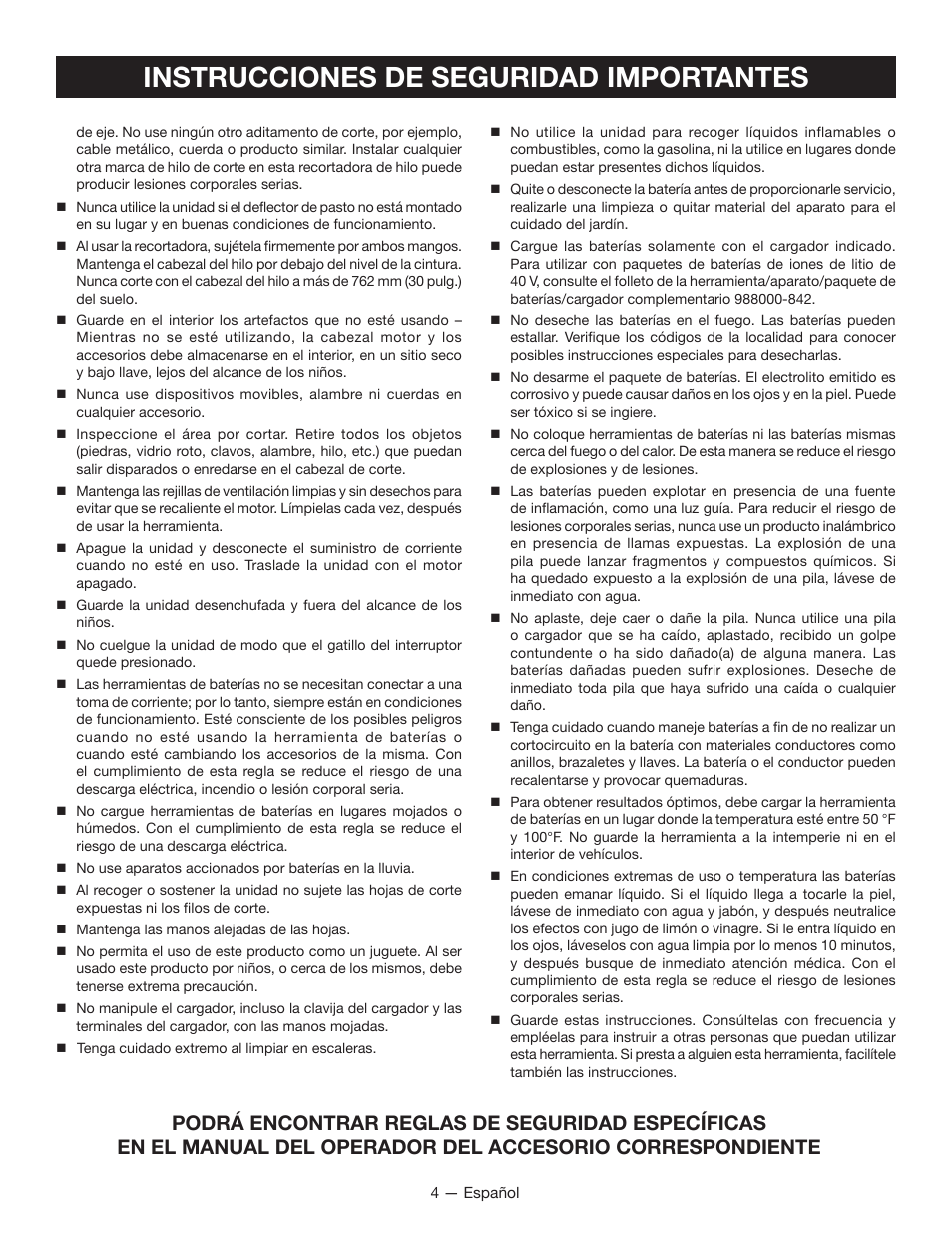 Instrucciones de seguridad importantes | Ryobi RY40002 User Manual | Page 22 / 30