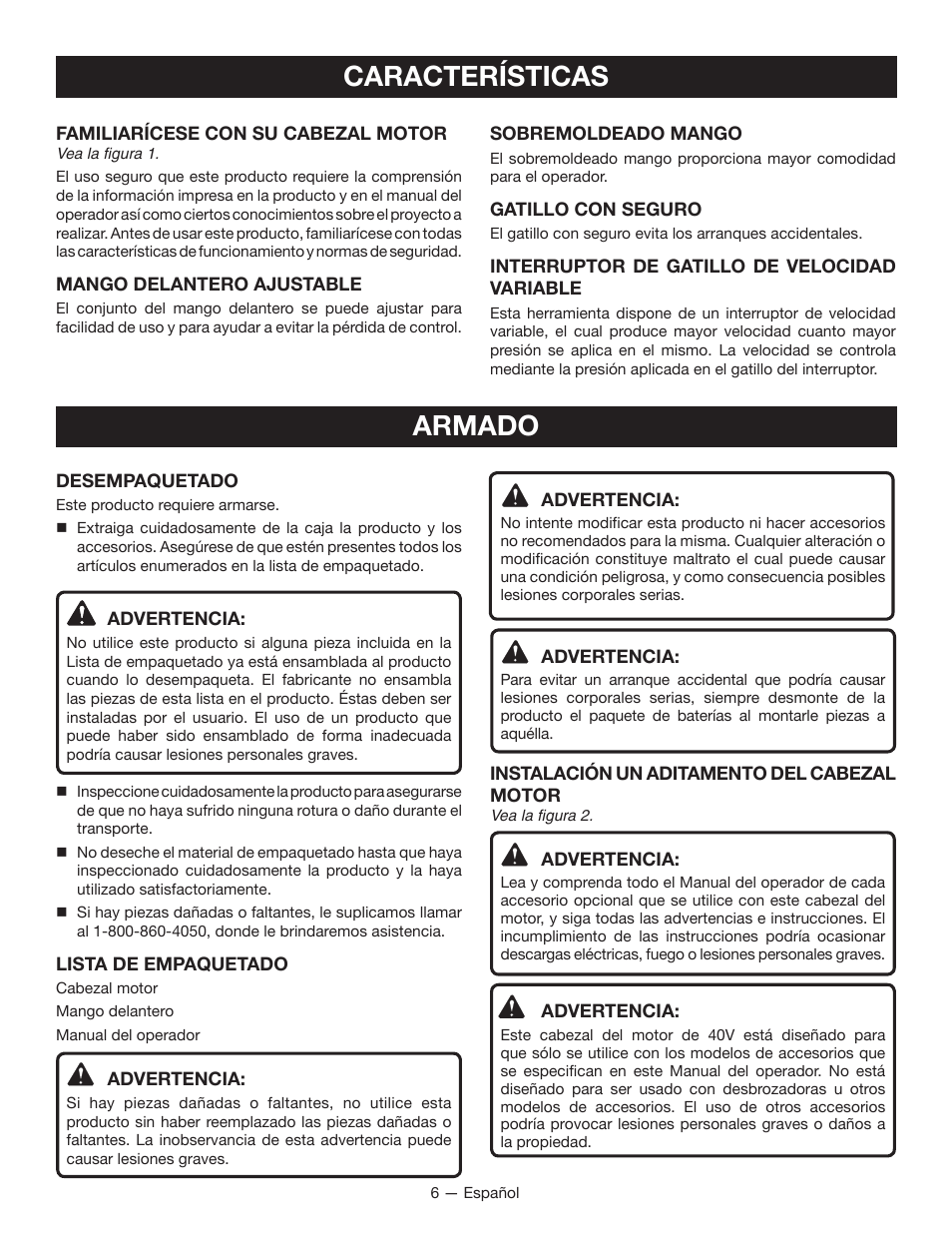 Características, Armado | Ryobi RY40002 User Manual | Page 24 / 30