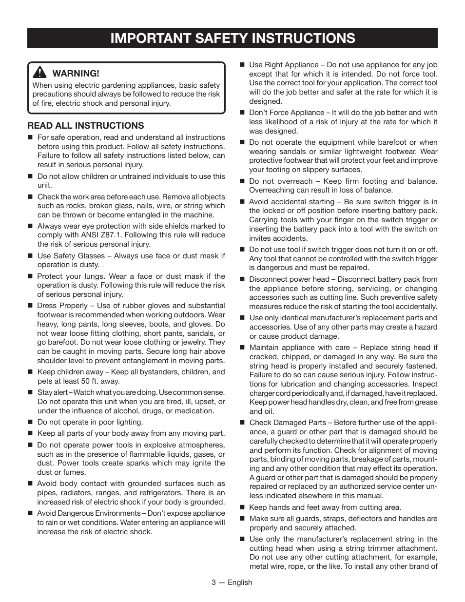 Important safety instructions | Ryobi RY40002 User Manual | Page 5 / 30
