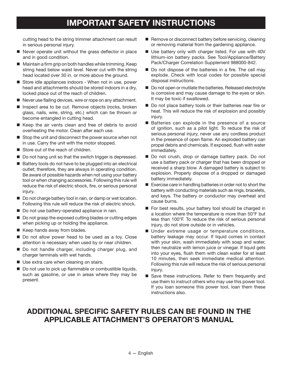 Important safety instructions | Ryobi RY40002 User Manual | Page 6 / 30