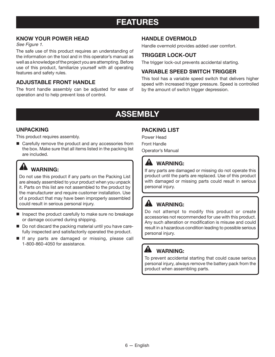 Features, Assembly | Ryobi RY40002 User Manual | Page 8 / 30