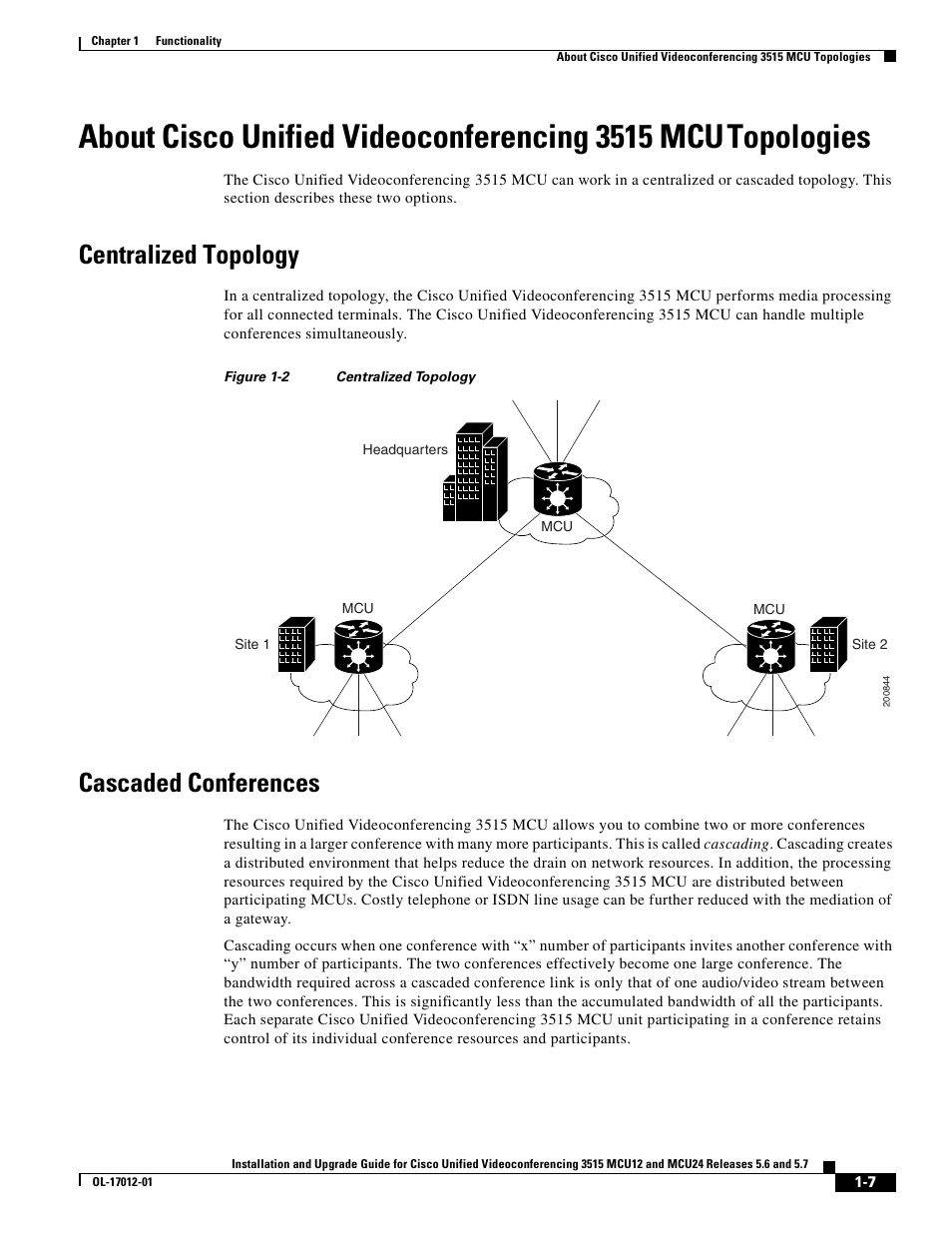 Centralized topology, Cascaded conferences, About cisco unified videoconferencing 3515 mcu | Topologies | Cisco 3515 MCU24 User Manual | Page 11 / 44