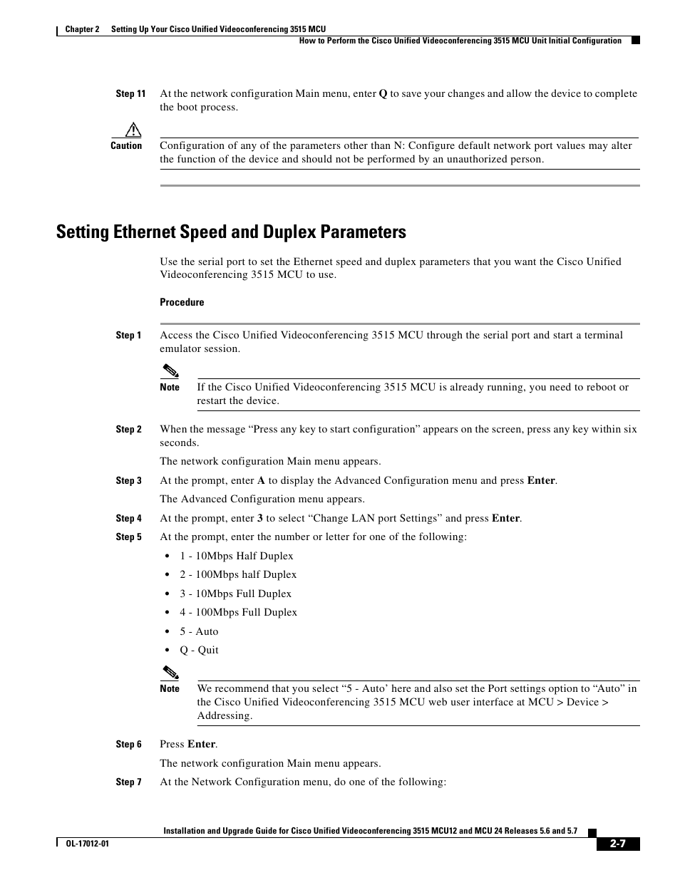 Setting ethernet speed and duplex parameters | Cisco 3515 MCU24 User Manual | Page 19 / 44