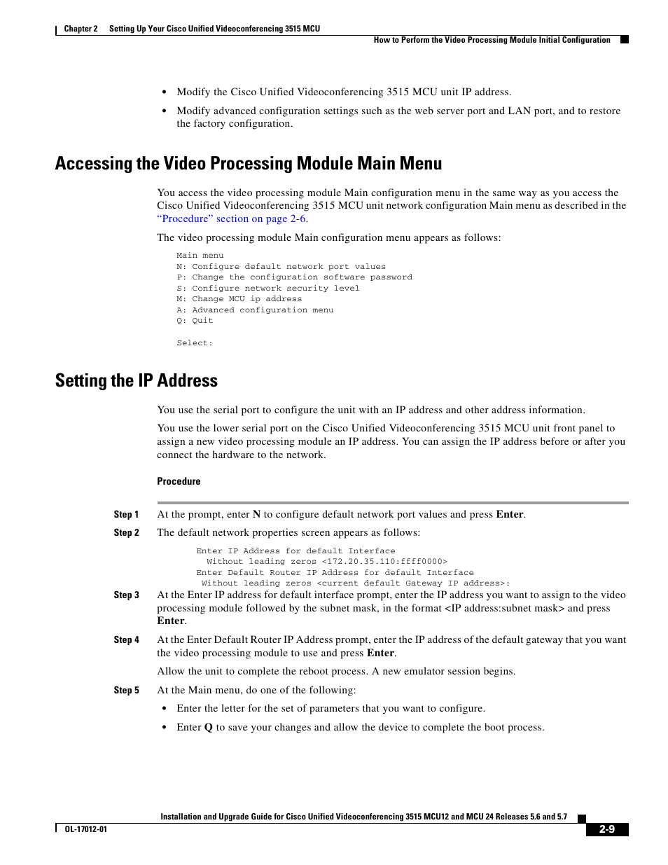 Accessing the video processing module main menu, Setting the ip address | Cisco 3515 MCU24 User Manual | Page 21 / 44