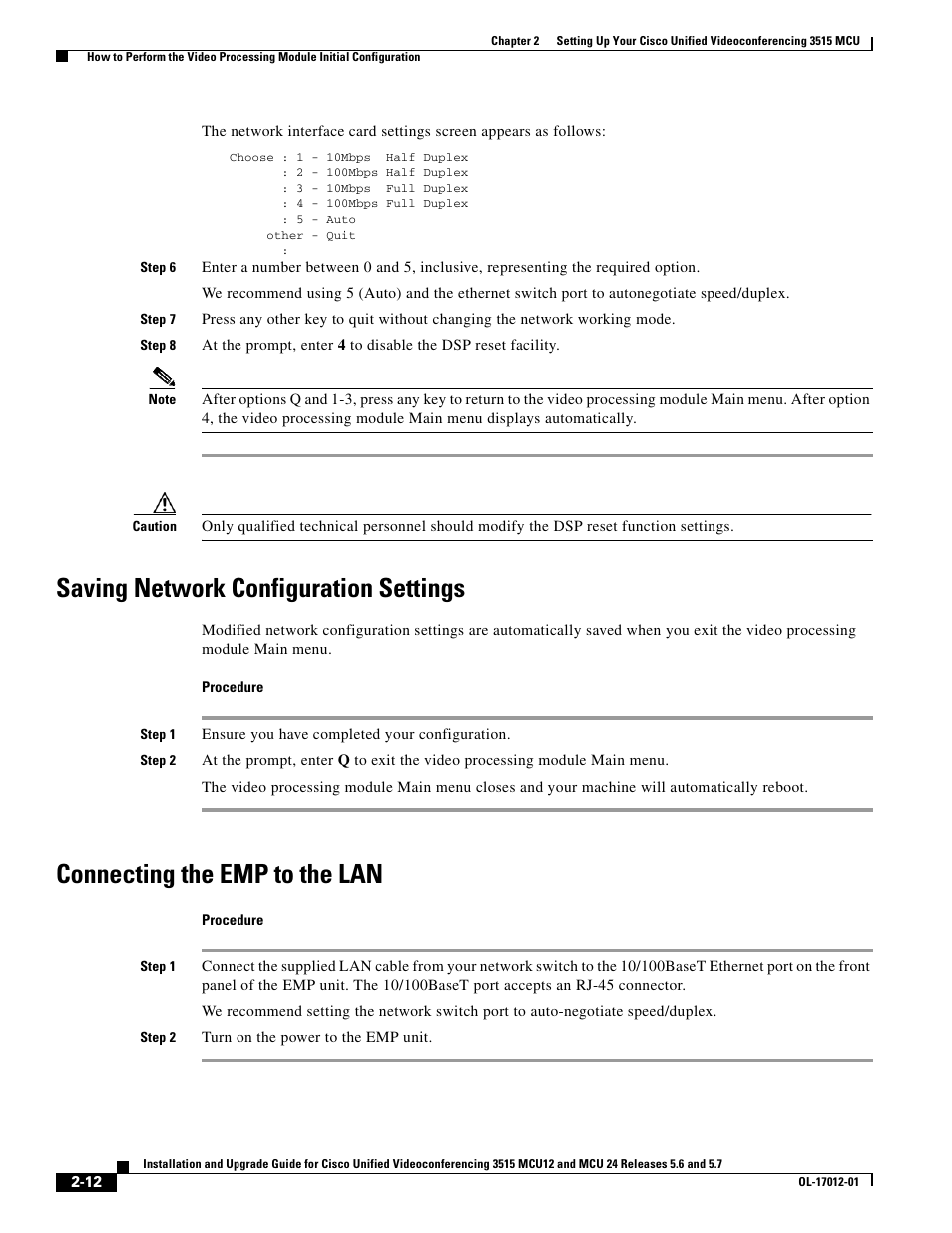 Saving network configuration settings, Connecting the emp to the lan | Cisco 3515 MCU24 User Manual | Page 24 / 44